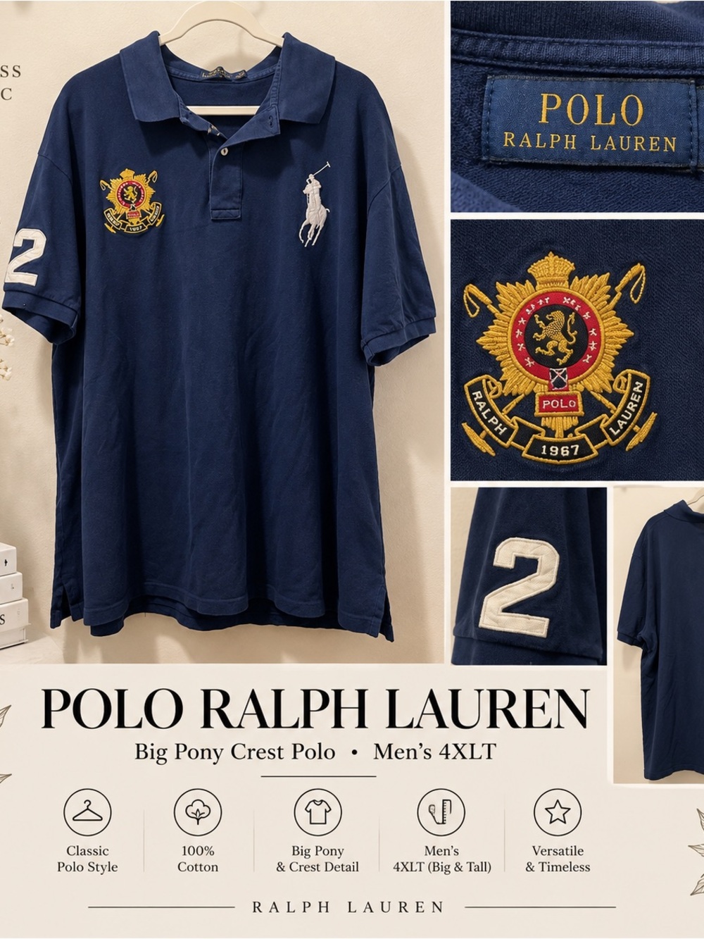 Polo Ralph Lauren Big Pony Crest Polo Men’s 4XLT Navy Big & Tall